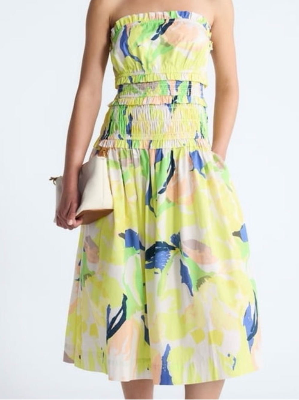 D152 Free Assembly XXL NWT Yellow Floral Strapless Poplin Tiered Midi Dress